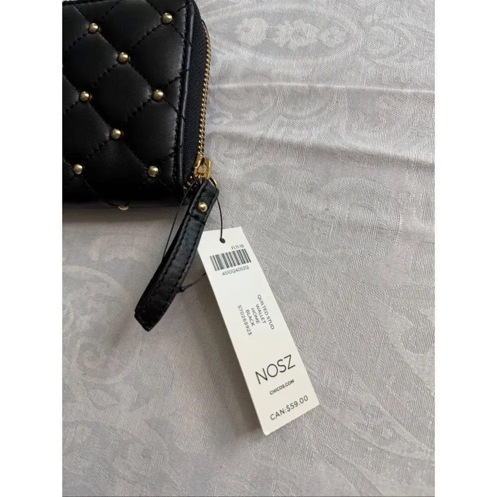 NWT Chico’s Black Leather Quilted Stud Wallet New